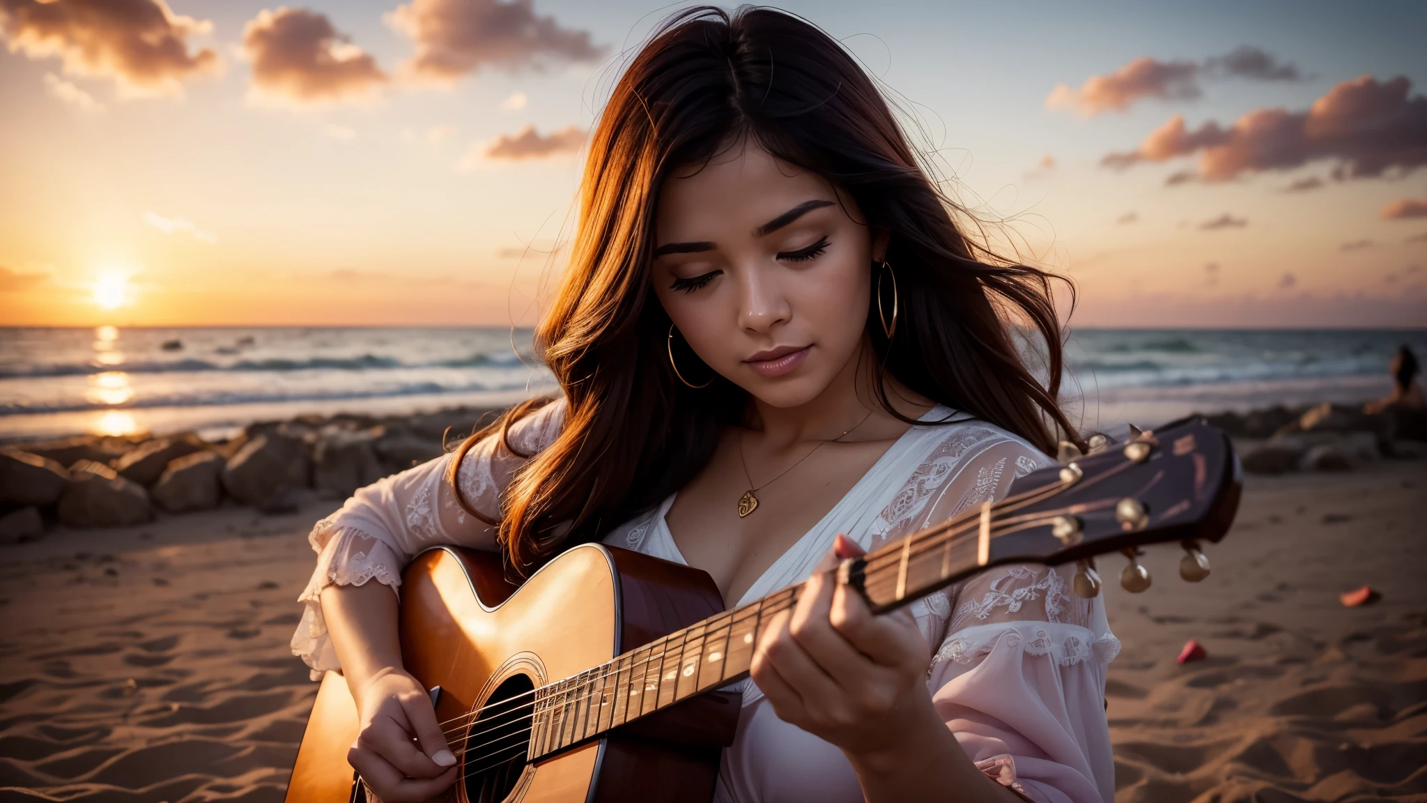 ((best quality)), ((masterpiece)),(detail), perfect face, full body shot of two grandparents passionately playing the guitar by the beach, a purple sunset, rose petals flying across the sky, woman wearing a silk dress, with setting sun, romantic style, retro vintage and romanticism, blurred background image, sunset light, golden sunshine, roses, very lots of flying flower petals, rose petals stuck in hair, warm orange background color, subject takes up 1/3 of the frame, hyper-realistic photos, 8k, ultra high resolution, sharp faces