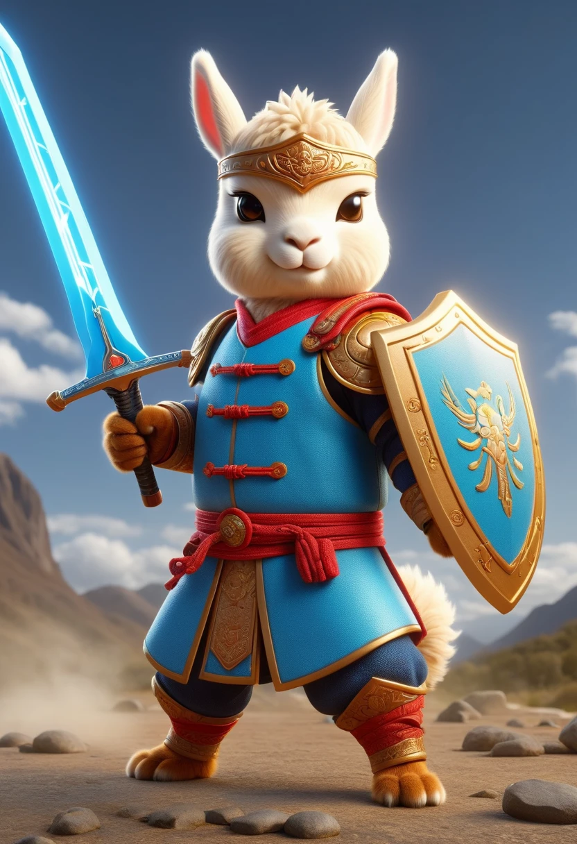 Lightning Alpaca Warrior, Strong muscles, Wearing retro Sengoku era sci-fi armor, Holding a sword in his left hand, BREAK, Holding a shield in his right hand, Crossbow ready to fire, Aim at you, Technology elements, Standing, Pop Mart Super Cute IP, UHD, masterpiece, ccurate, anatomically correct, super detail, best quality, 8k