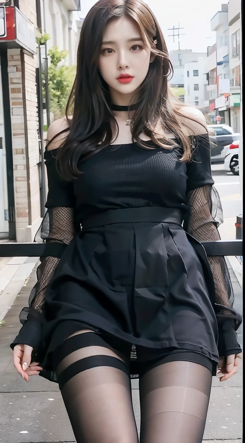 ulzzang-6500-v1.1, (RAW Photos:1.2), (Photorealistic), (Realistic pantyhose:1.2),Black Dress、