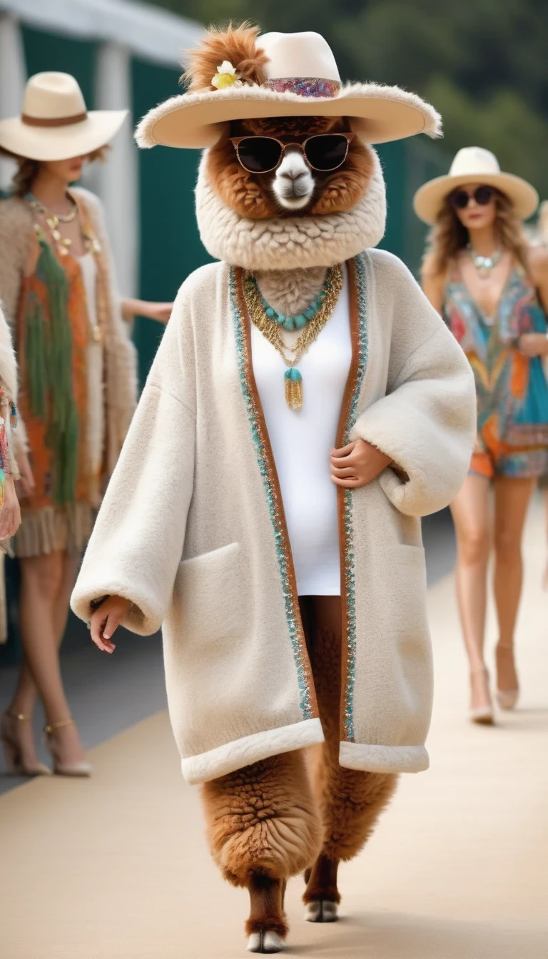 Cute alpaca fashion show， Alpaca，whole body，Fashion trends for summer 2024，personification，Charming Alpaca，Enchanting Alpaca，Walking on a catwalk，Dynamic poses，Cool，sunglasses，necklace，hat，Fashion，make up，Cartoon，background：Fashion show catwalks