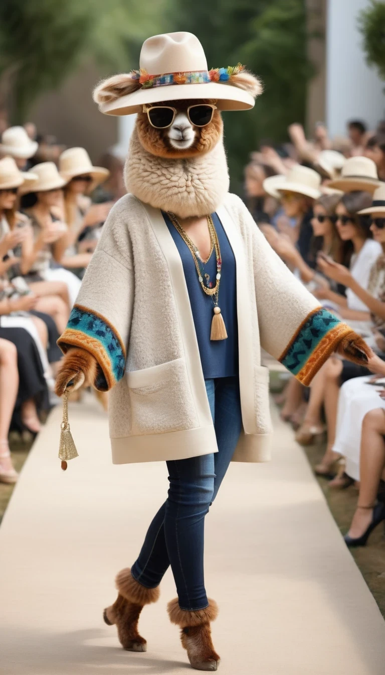 Cute alpaca fashion show， Alpaca，whole body，Fashion trends for summer 2024，personification，Charming Alpaca，Enchanting Alpaca，Walking on a catwalk，Dynamic poses，Cool，sunglasses，necklace，hat，Fashion，make up，Cartoon，background：Fashion show catwalks