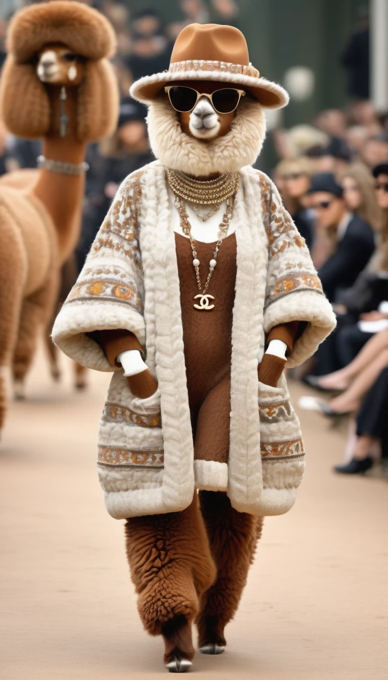 Cute Alpaca Fashion Show, Alpaca,whole body,Chanel fashion trends 2024,personification,Charming Alpaca,Enchanting Alpaca,Walking on a catwalk,Dynamic poses,Cool,sunglasses,necklace,hat,Fashion,make up,Cartoon,background:Fashion show catwalks