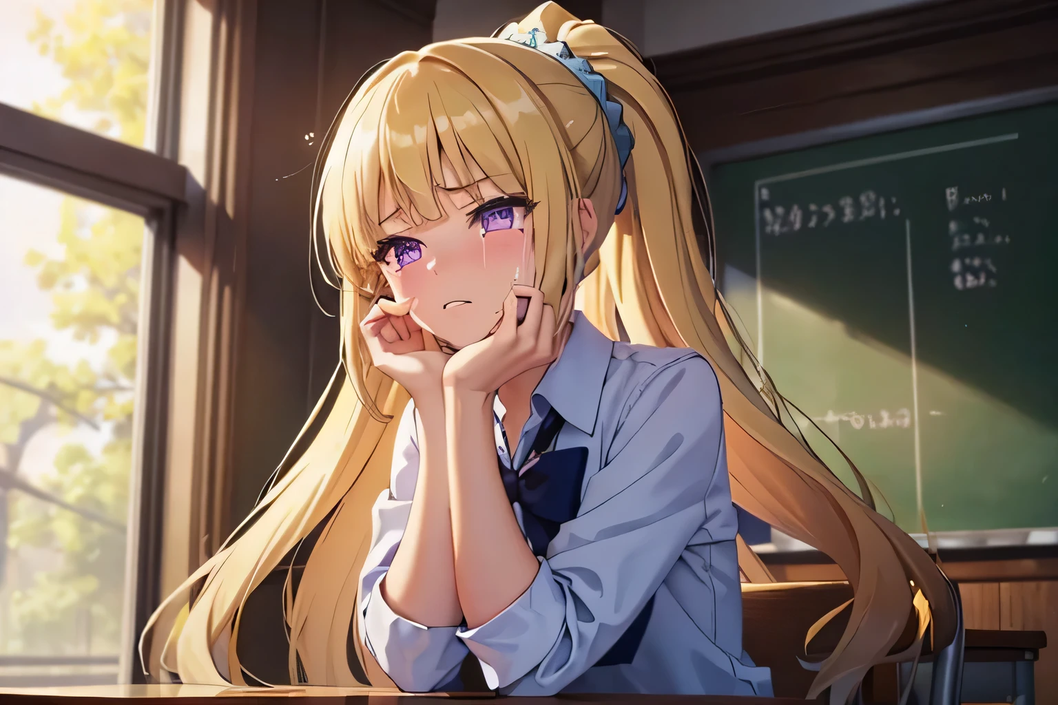 (masterpiece, top quality, best quality, official art, beautiful and aesthetic:1.2), (1girl:1.3), extremely detailed,(fractal art:1.2),colorful, highest detailed, parted lips,wallpaper,beautiful violet eyes, long hair, beautiful blonde hair, ponytail hairstyle, bangs, (sad, sadness expression, sadness face, crying), school outfit, (cowboy shot), in classroom, window, sitting on chair 