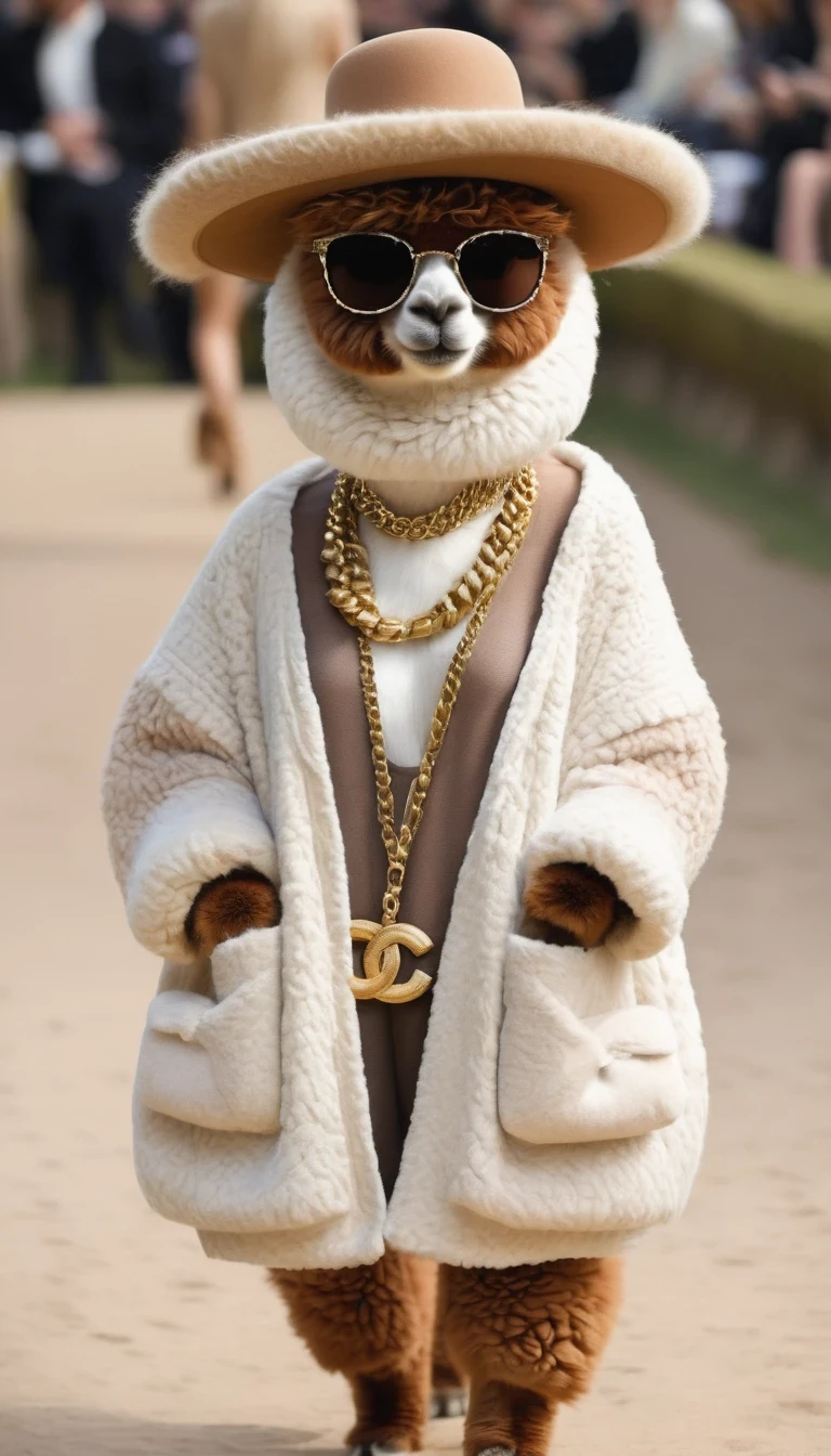 Cute Alpaca Fashion Show, Alpaca,whole body,Chanel fashion trends 2024,personification,charming,enchanting,catwalk,,Cool,sunglasses,necklace,hat,Fashion,make up,Cartoon,background:Fashion show catwalks