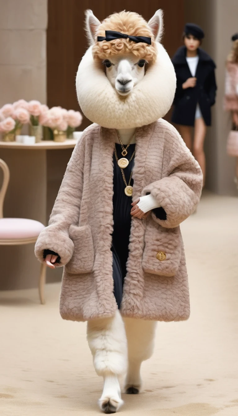 Cute Alpaca Fashion Show, Alpaca,whole body,Chanel fashion trends 2024,personification,Fashion,make up,Cartoon,background:Fashion show catwalks
