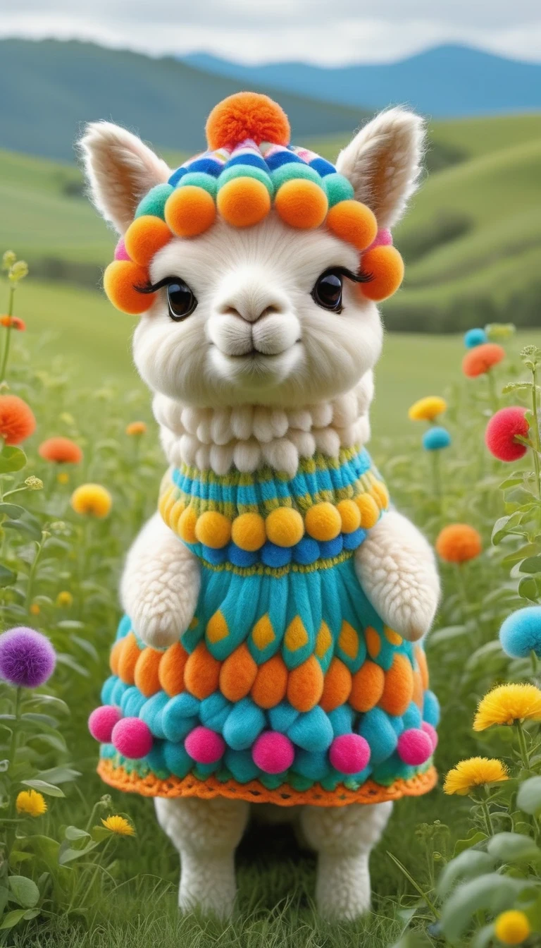 fluffy alpaca wearing a colorful pom-pom hat and a dress, standing in a rolling green field, Whimsical and cheerful illustrations, with bright colors and playful shapes, Charley Harper, Mary Engelbreit, and Lisa Congdon, intricate patterns on the alpaca's fur, hat, and dress, standing with a confident stance, looking directly at the viewer with a friendly and curious expression