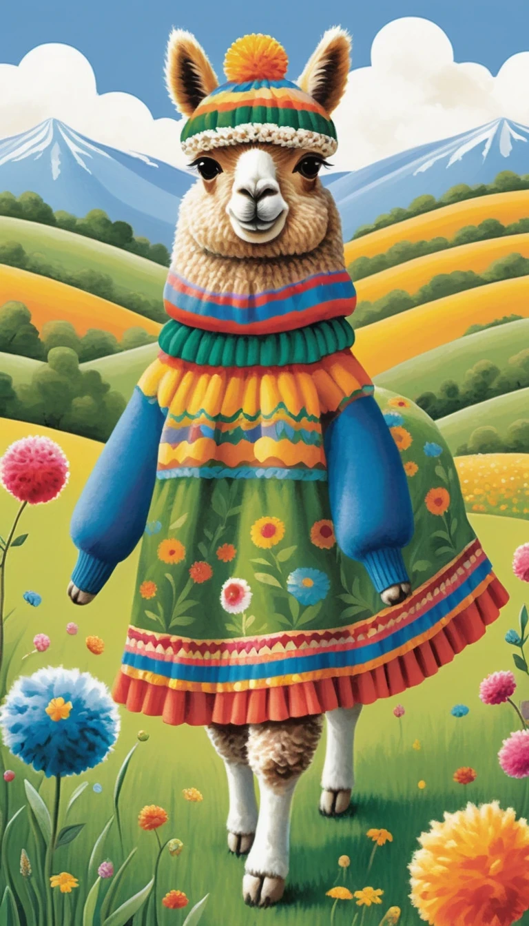 fluffy alpaca wearing a colorful pom-pom hat and a dress, standing in a rolling green field, Whimsical and cheerful illustrations, with bright colors and playful shapes, Charley Harper, Mary Engelbreit, and Lisa Congdon, intricate patterns on the alpaca's fur, hat, and dress, standing with a confident stance, looking directly at the viewer with a friendly and curious expression