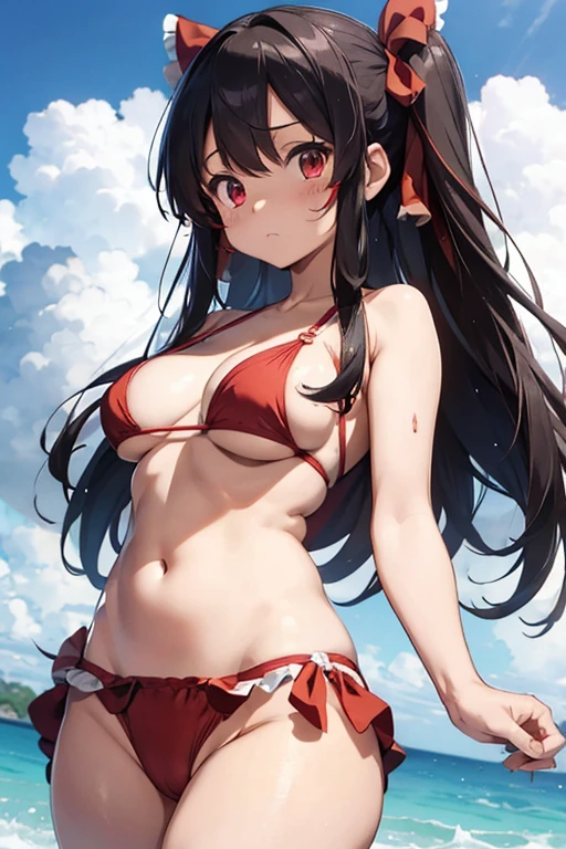 Reimu panties visible huge boobs breasts visible troubled face wearing swimsuit visible naked