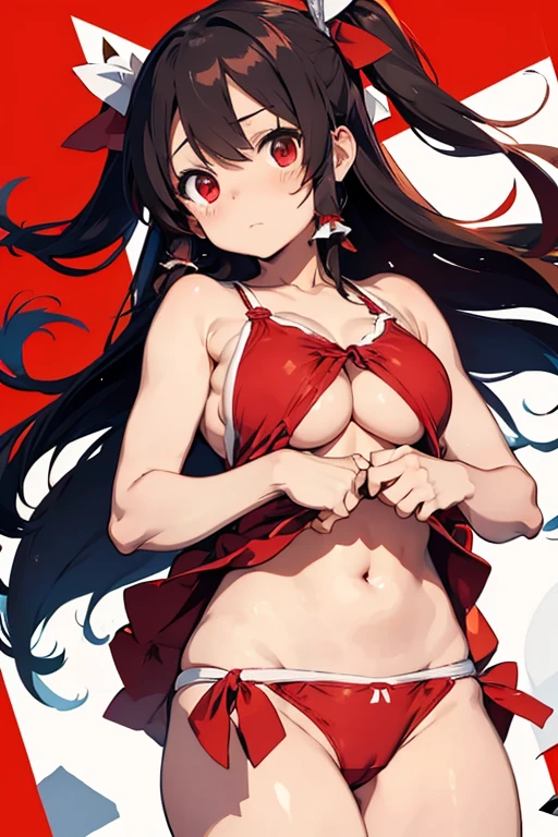 Reimu panties visible huge boobs breasts visible troubled face wearing swimsuit  visible naked