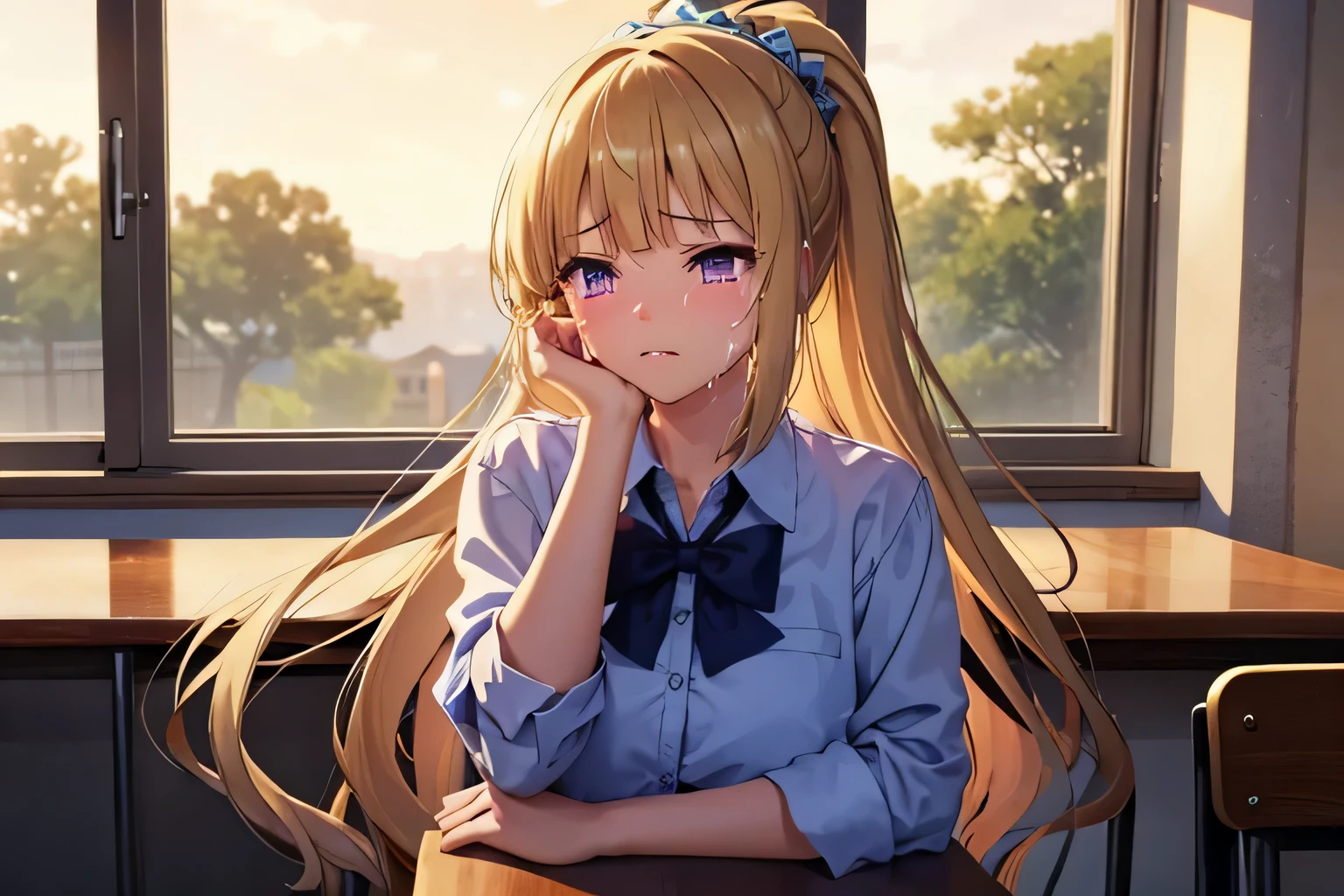 (masterpiece, top quality, best quality, official art, beautiful and aesthetic:1.2), (1girl:1.3), extremely detailed,(fractal art:1.2),colorful, highest detailed, parted lips,wallpaper,beautiful violet eyes, long hair, beautiful blonde hair, ponytail hairstyle, bangs, (sad, sadness expression, sadness face, crying), school outfit, (cowboy shot), in classroom, window, sitting on chair 