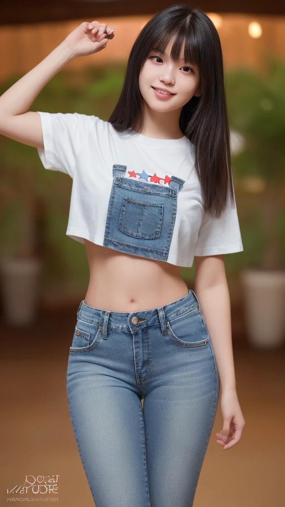 Superb Quality, Masterpiece, High Resolution, 1Girl, Blush, (Seductive Smile: 0.8), Star Pupil, -yeormal , perfect body ratio, bare face, body goals girl, ideal girl, perfect girl, she's my girlfriend、full body Esbian、perfect anatomy, detailed anatomy, A dark-haired, cute bangs, long straight dark hair, sweet smile, stunning face, good girl, idol, key of visual, gorgeous face, white Levi's t-shirt, crop top t-shirt, dark blue Levi's jeans, front view, full body looks, perfect camera, HD quality, high picture quality、inside house environment, 8K UHD, DSLR, Soft Light, High Quality, Volume Lighting, Candid Photo, High Resolution, 4K, 8K, Background Bokeh