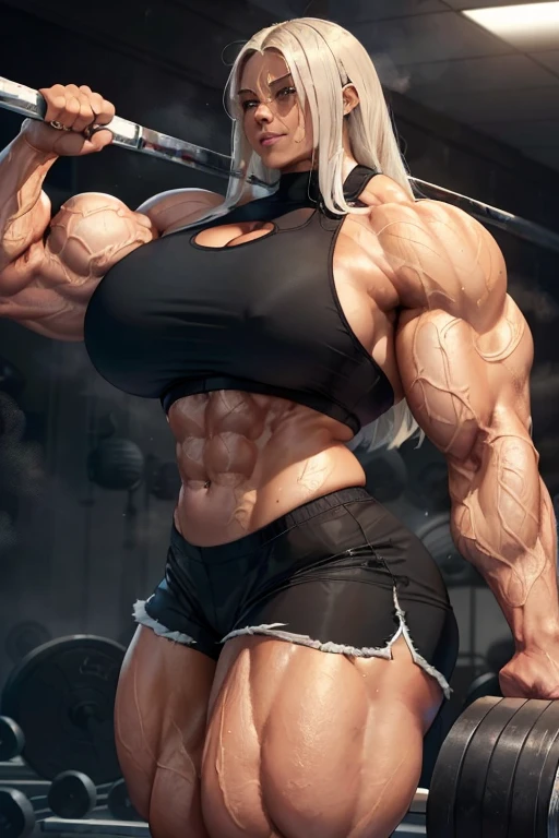 (((((Massive, tall, beautiful, sweating, brown skinned, buff, muscular woman with white hair, ginormous bulky muscles doing a massive weightlifting and wearing a black sports bra and black dolphin shorts))))), (close view), massive muscle, massive biceps, hyper muscle shoulders, vascular shoulders, hyper muscle triceps, (long straight hair), bright blue eyes, choker, (in a steamy foggy weight room), confident smile, morning, hyper vascular arm, hyper muscles arms, hyper muscle legs, massive arms.