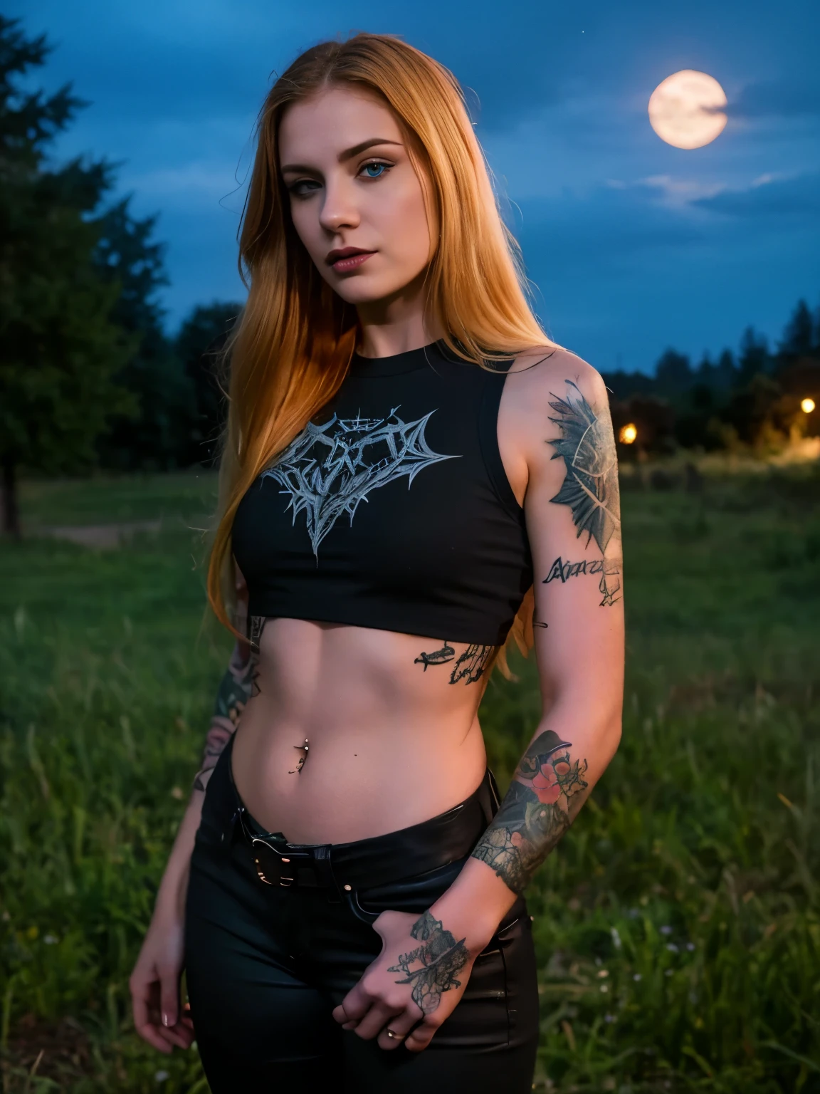 Best quality,work of art,Ultra high resolution,(Realisticity:1.4),original photo,cinematic lighting, 1 girl, (((Ukrainian, blonde,))) Alone, metalhead style ((Ginger Girl)) at night under the moonlight, wearing ripped black pants, black clothes, Gothic style, hot body fit, (tattooed arm), heavy metal style, photography, heavy metal concert background.  realistic, datailed, detailed face, 4K. Night background.