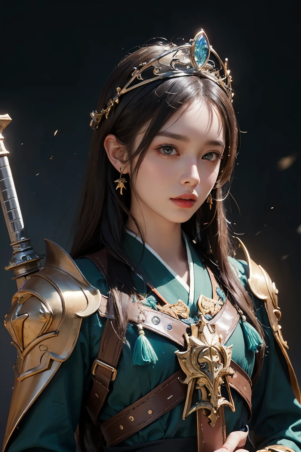 masterpiece, best quality, highly detailed,night, (((moon background))), 1girl, armor, arrow_\(projectile\), belt, black_background, bow_\(weapon\), braid, brown_eyes, brown_hair, cape, crown, holding, jewelry, long_hair, looking_at_viewer, quiver, red_cape, solo, standing, weapon