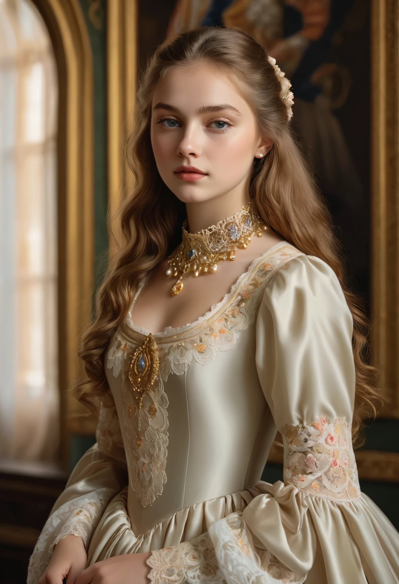 (best quality,4k,8k,highres,masterpiece:1.2),ultra-detailed,(realistic,photorealistic,photo-realistic:1.37),portrait,painting,pastels,personalized masterpiece,18th century,Russian,aristocratic,girl,noble daughter,************,extremely beautiful,face,expressive eyes,delicate nose,luscious lips,porcelain skin,rosy cheeks,flowing curls,silky dress,stately posture,fine jewelry,embroidered lace collar,grand background,opulent interior,faint golden light