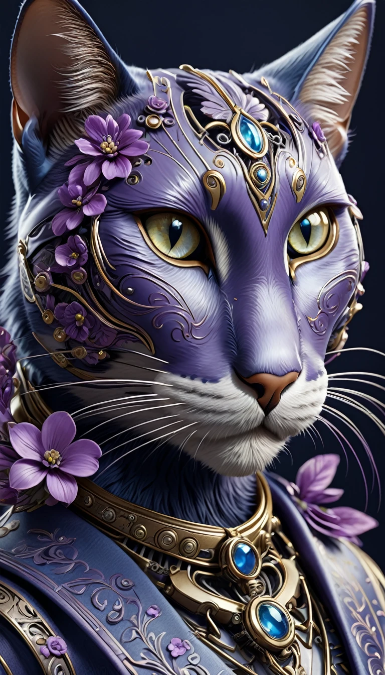 mechanical cat,lifelike,Anthropomorphic Cat,Character setting,Ultra-detailed graphics,Delicate face,8k,magazine cover,Floral background decoration,Strong color contrast,Darker color,blue-violet tone