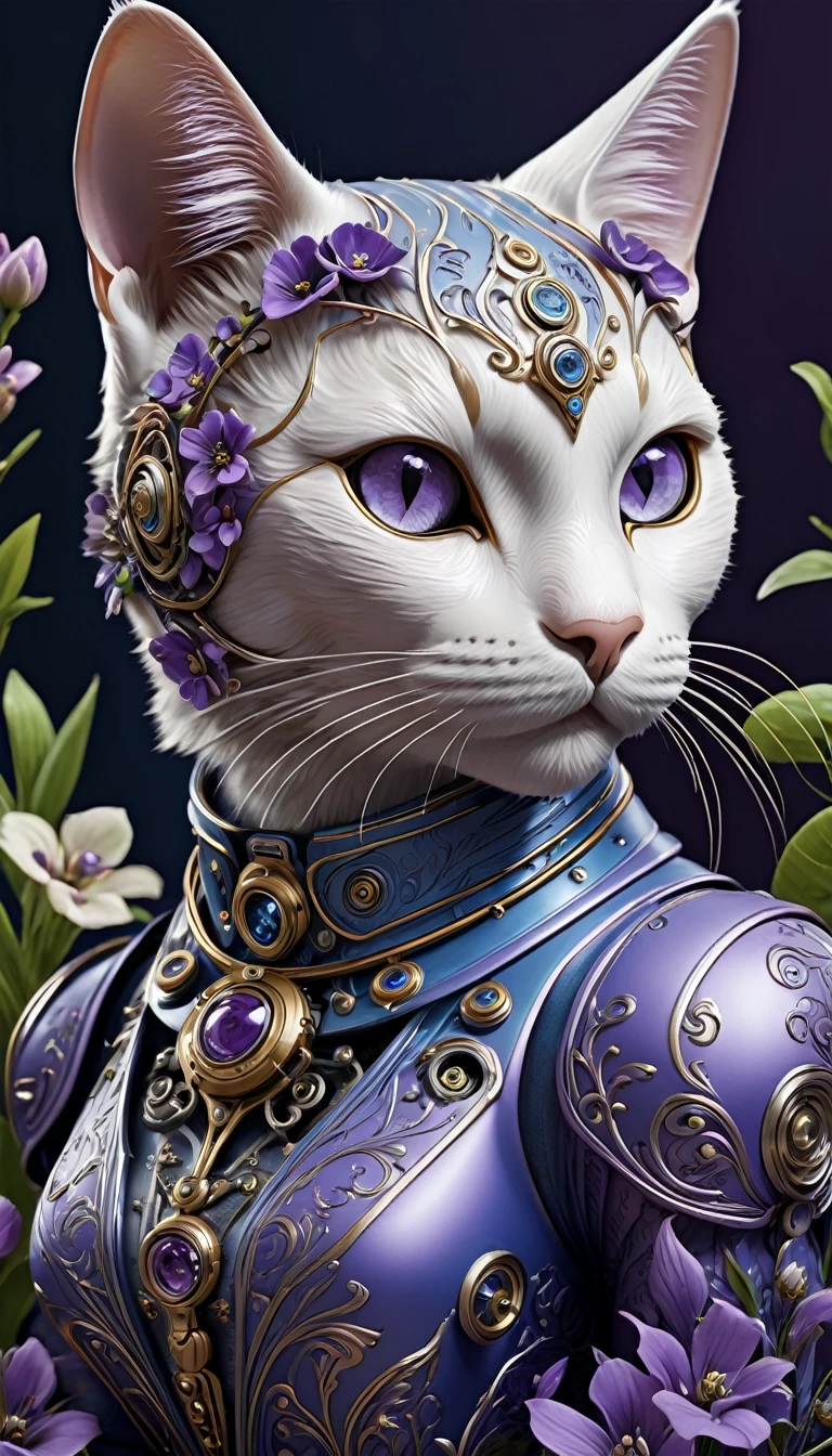 mechanical cat，lifelike，Anthropomorphic Cat，Character setting，Ultra-detailed graphics，Delicate face，8k，magazine cover，Floral background decoration，Strong color contrast，Darker color，blue-violet tone