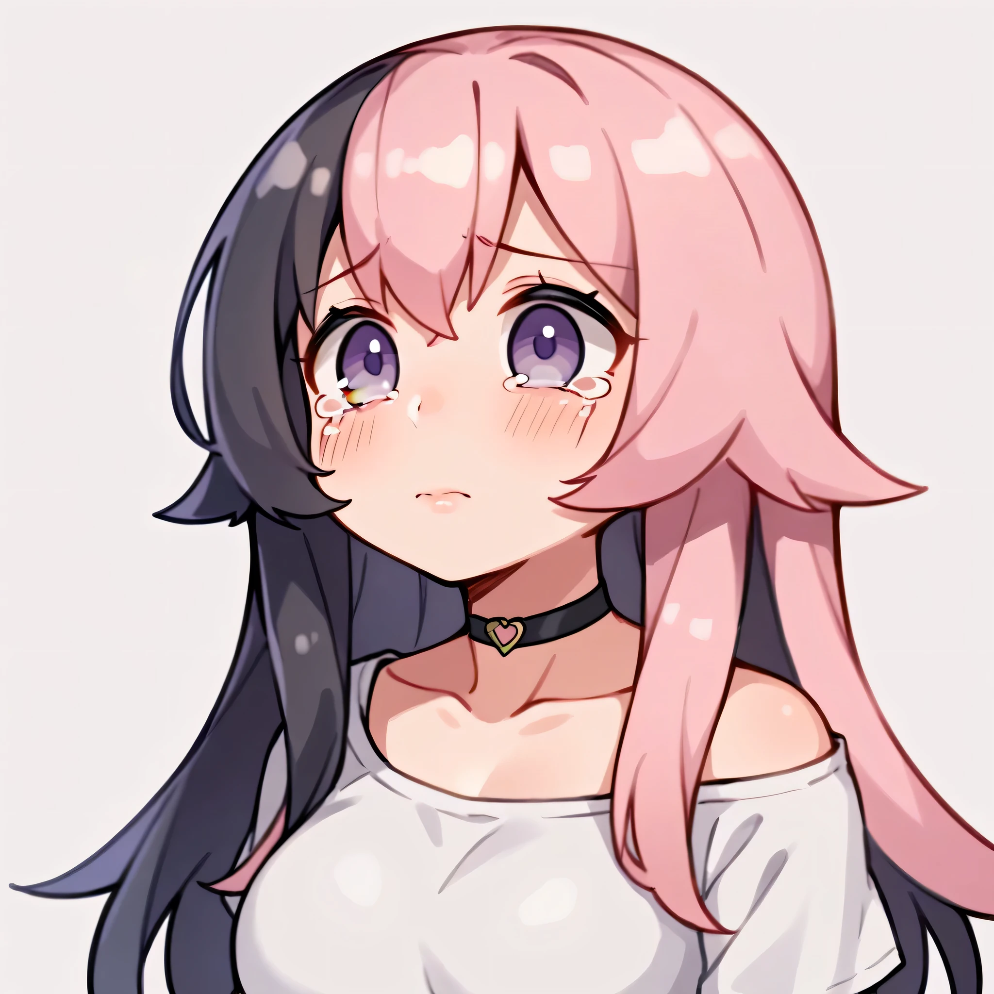 score_9, score_8_up, score_7_up, 1girl, (closeup), sad, ((tears)), crying, anime waifu, waifu, ((portrait)), illustration, ((2d)), ((curvy)), ((twitch emote)), (((cute face))), ((long hair)), bangs, black pink hair, ((black and pink hair)), ((black hair)), gorgeous purple eyes, big eyes, anime eyes, eyeliner, long lashes, soft and full lips, choker, jewelry, crop top, (Jelly Art Style:0.2), ((anime style:0.8)), (((white background))), twitch emote,