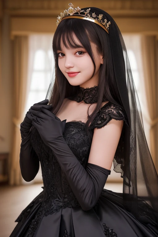 Superb Quality, Masterpiece, High Resolution, 1Girl, Blush, (Seductive Smile: 0.8), Star Pupil, 17-years old、normal , perfect body shape ratio, bare face, body goals girl, ideal girl, perfect girl, she's my girlfriend、full body Esbian、perfect anatomy, detailed anatomy, A dark-haired, cute bangs, long straight dark hair, sweet smile, stunning face, good girl, idol, key of visual, gorgeous face, black veil, perfect veil, black elegant dress, long sleeved black dress, a crown above her head, crown made from jasmine flower ((jasmine crown:2,4)), detailed jasmine crown, perfect dress, detailed dress, gloves, front view, full body looks, perfect camera, HD quality, high picture quality、inside house environment, 8K UHD, DSLR, Soft Light, High Quality, Volume Lighting, Candid Photo, High Resolution, 4K, 8K, Background Bokeh