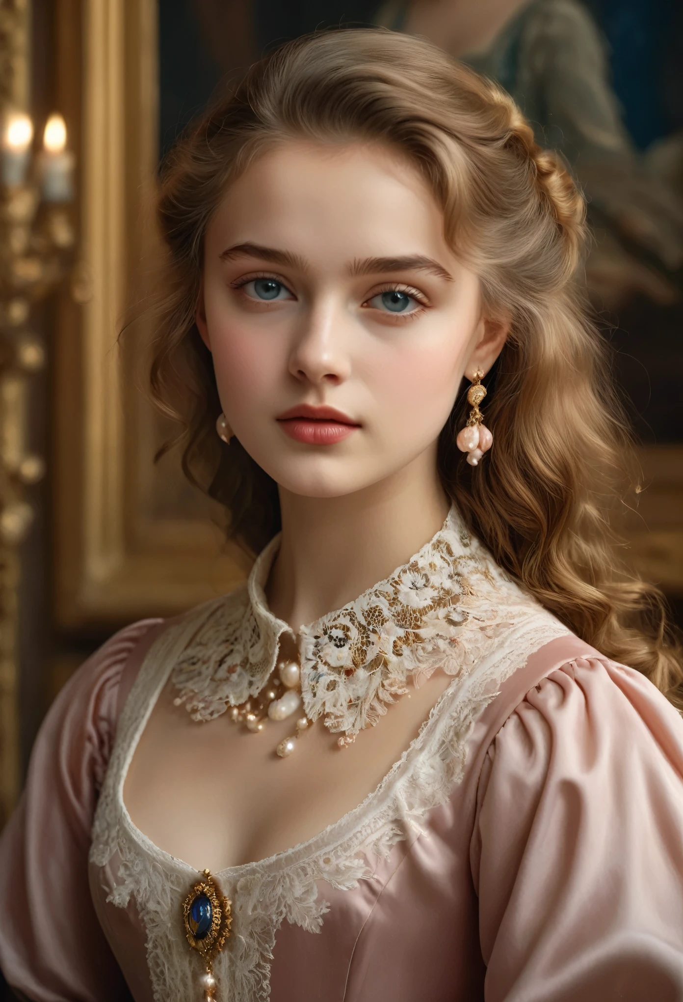 (best quality,4k,8k,highres,masterpiece:1.2),ultra-detailed,(realistic,photorealistic,photo-realistic:1.37),portrait,painting,pastels,personalized masterpiece,18th century,Russian,aristocratic,girl,noble daughter,,extremely beautiful,face,expressive eyes,delicate nose,luscious lips,porcelain skin,rosy cheeks,flowing curls,silky dress,stately posture,fine jewelry,embroidered lace collar,grand background,opulent interior,faint golden light