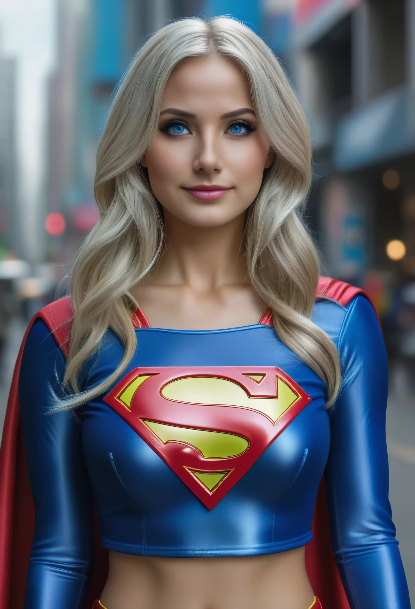 A beautiful sexy woman wearing a Supergirl cosplay outfit, detailed realistic 4k highres masterpiece:1.2, UHD 