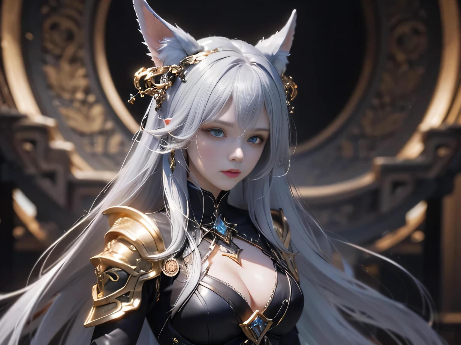 there is a woman in a black dress holding a silver object, blade and soul, 8 k character details, as a mystical valkyrie, lineage 2 revolution style, aion, inspired by Pu Hua, extremely detailed goddess shot, mechanized valkyrie girl, from ncsoft, mystical anubis valkyrie, wearing golden cat armor, <mmorpgs scene