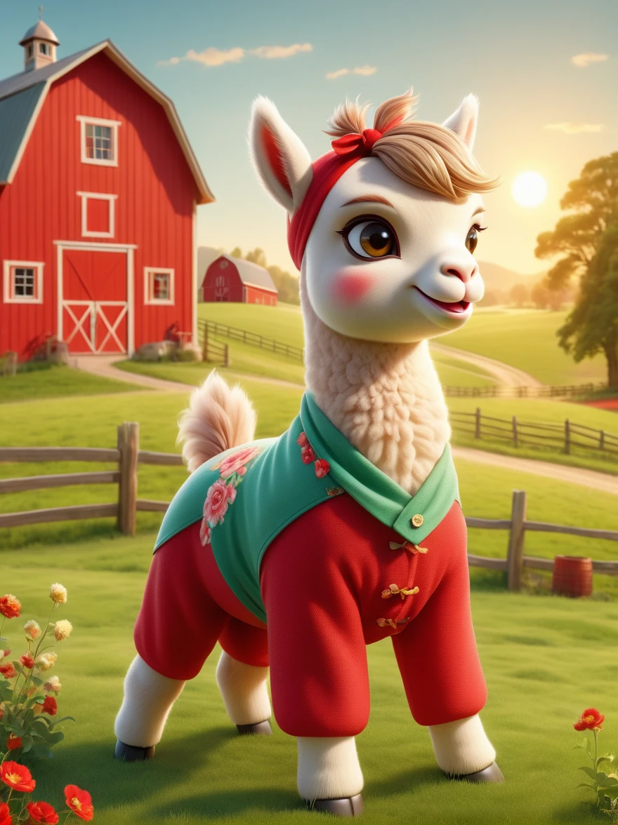 Create an image of a female anthropomorphic alpaca styled in a pin-up fashion, She leans against a classic red barn, dressed in vintage clothing from the 1950s. She sports a cheerful expression and waves a bandana in one hand, An idyllic farm scene is visible in the background, with fields of green grass and a sun setting in a clear sky, UHD, masterpiece, ccurate, anatomically correct, super detail, best quality, 8k
