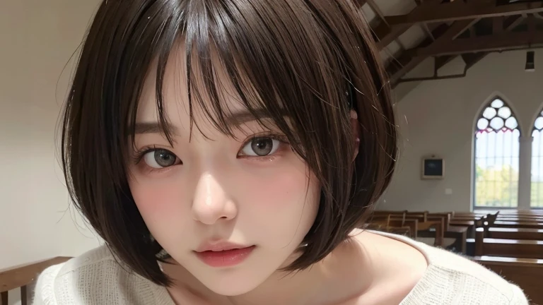 (Bob Cut Hair:1.2),(Wearing a blouse:1.2),1 girl,Japanese,28 years old,(Small breasts:1.3),(highest quality,masterpiece:1.3,超A high resolution,),(Very detailed,Caustics),(Photorealistic:1.4,RAW shooting,)Ultra-Realistic Capture,very detailed,High resolution 16K human skin close-up。 Natural skin texture、,Pores、、、、、、、It should be detailed enough to be easily identifiable。 Skin should be even-toned and healthy looking。 Use natural light and colour, Sad expression, Look at the camera, Perfect dynamic composition, inside the church