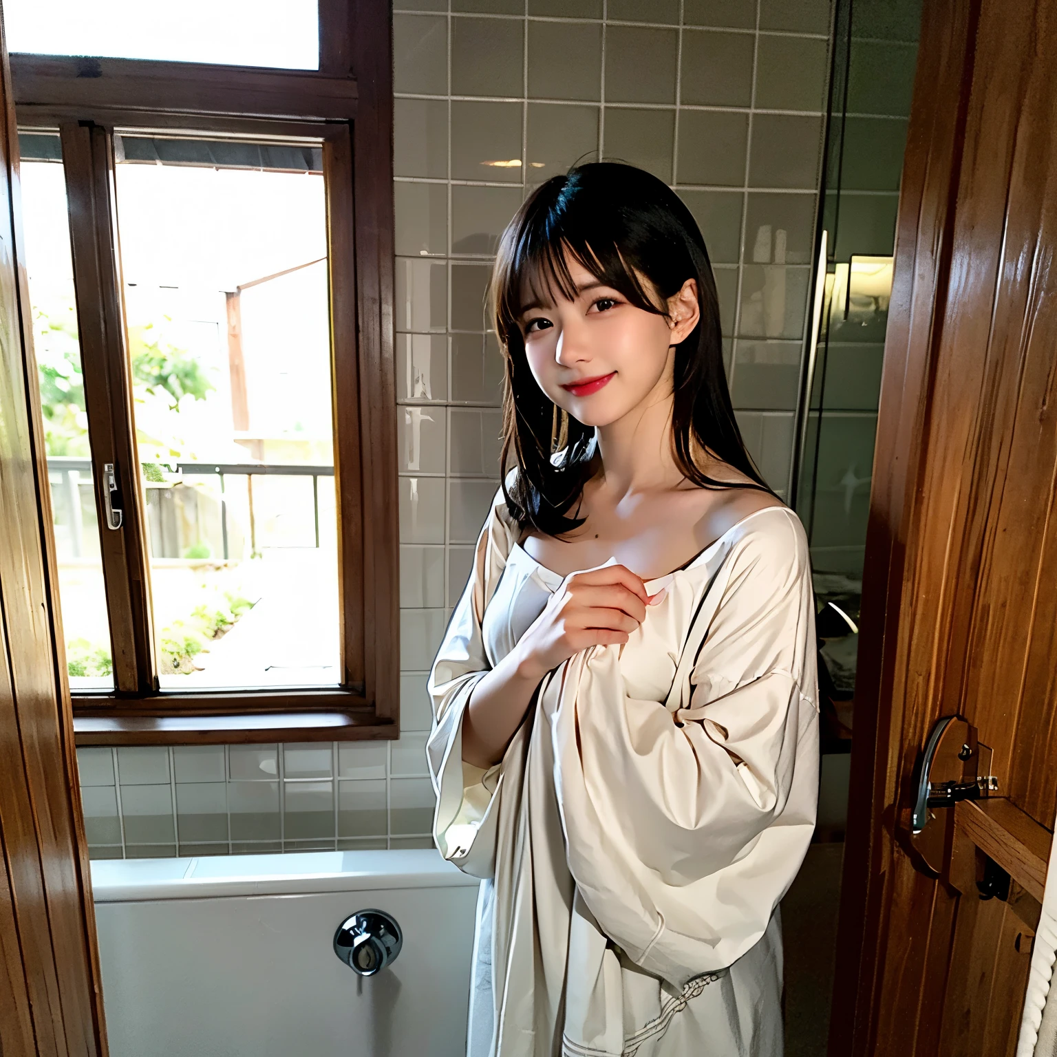 （highest quality、High resolution：1.2）、Super detailed、（Real：1.37）、Japan girl taking a shower、beautifulしい詳細な目、beautifulしい詳細な唇、Relaxed facial expression、Flowing black hair、Water droplets on the skin、Rising steam bathroom、A shower head with a waterfall、Clear glass shower stall、Modern bathroom with minimalist design、Soft ambient lighting、Serene atmosphere、White towels hanging on a rack、Girl&#39;s reflection in the mirror、Water droplets shining on a mirror、Splashes The sound of water falling on the floor、Faint shower gel scent、Refreshing water sounds、Gentle sound of rain、Sunlight streaming through the blinds、Warm colors、Carefully drawn details of tiles and fixtures、A moment of soothing self-care、beautiful