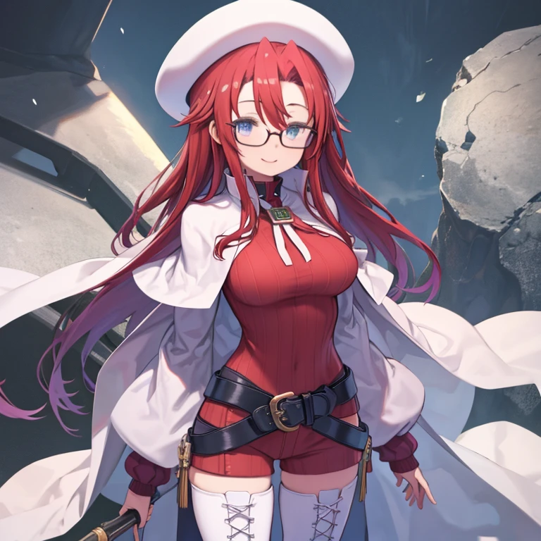 masterpiece, highest quality、Medium wide shot、Cowboy Shot、1. A woman with beautiful eyes、(aty, long hair, blue eyes, red hair、Hair between the eyes)、Big Breasts、Huge breasts、 thighhighs, hat, dress, boots, glasses, belt, cape, Best zettai ryouiki, beret, thigh boots, white footwear、black inner, loose belt、hot pants、hot pants、Smiling、The tips of the hair are white、
