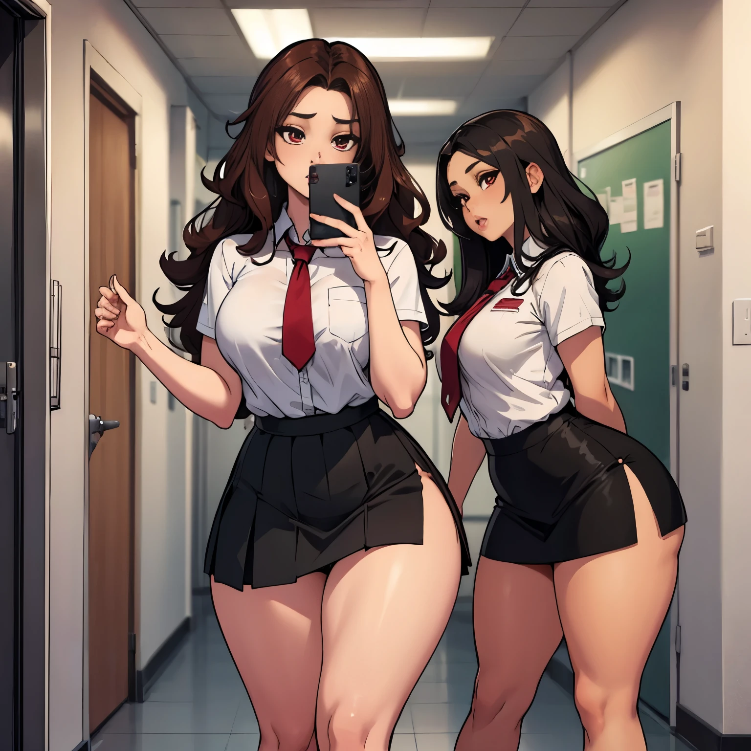 Beautiful curvy Latina , high school, school tight uniform and black skirt, seductive, standing in school hallways, gorgeous red eyes, long wavy brown hair, short stature, she is shocked, looking at herself, wide hips and thick thighs