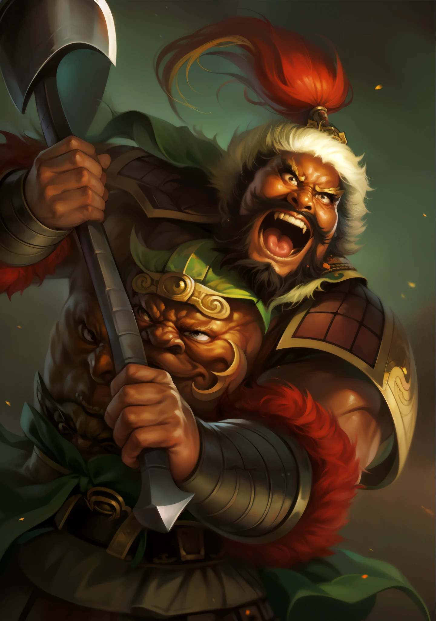 Close-up of a man with a big axe in his hand, Inspired by Hu Zaobin, guan yu, Berserker Portrait, bian lian, Mongol, Sun Wukong, Inspired by Huang Shen, Inspired by Li Kan, Inspired by Wu Bin, portrait berserker barbarian, , wukong, Inspired by Li Gonglin