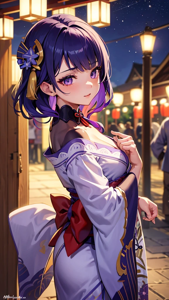 Raiden Shogun,1girl,exquisite eyes,beautiful,detailed lips,wearing a beautiful kimono,attending a summer festival under a starry night sky with Yae Miko. The girl is exploring the festival shop and admiring the colorful decorations and traditional crafts. The scene is filled with vibrant colors and a festive atmosphere. The artwork is a masterpiece with high resolution and ultra-detailed portrayal of the characters and their surroundings. The summer festival theme is emphasized, with the warm tones and joyful ambiance showcased through the lighting and colors. [Genshin Impact] style is incorporated to capture the essence of the game. (Best quality, 4k, 8k, highres, masterpiece:1.2), ultra-detailed, realistic, vivid colors, bokeh, portrait, traditional Japanese elements, festive atmosphere.