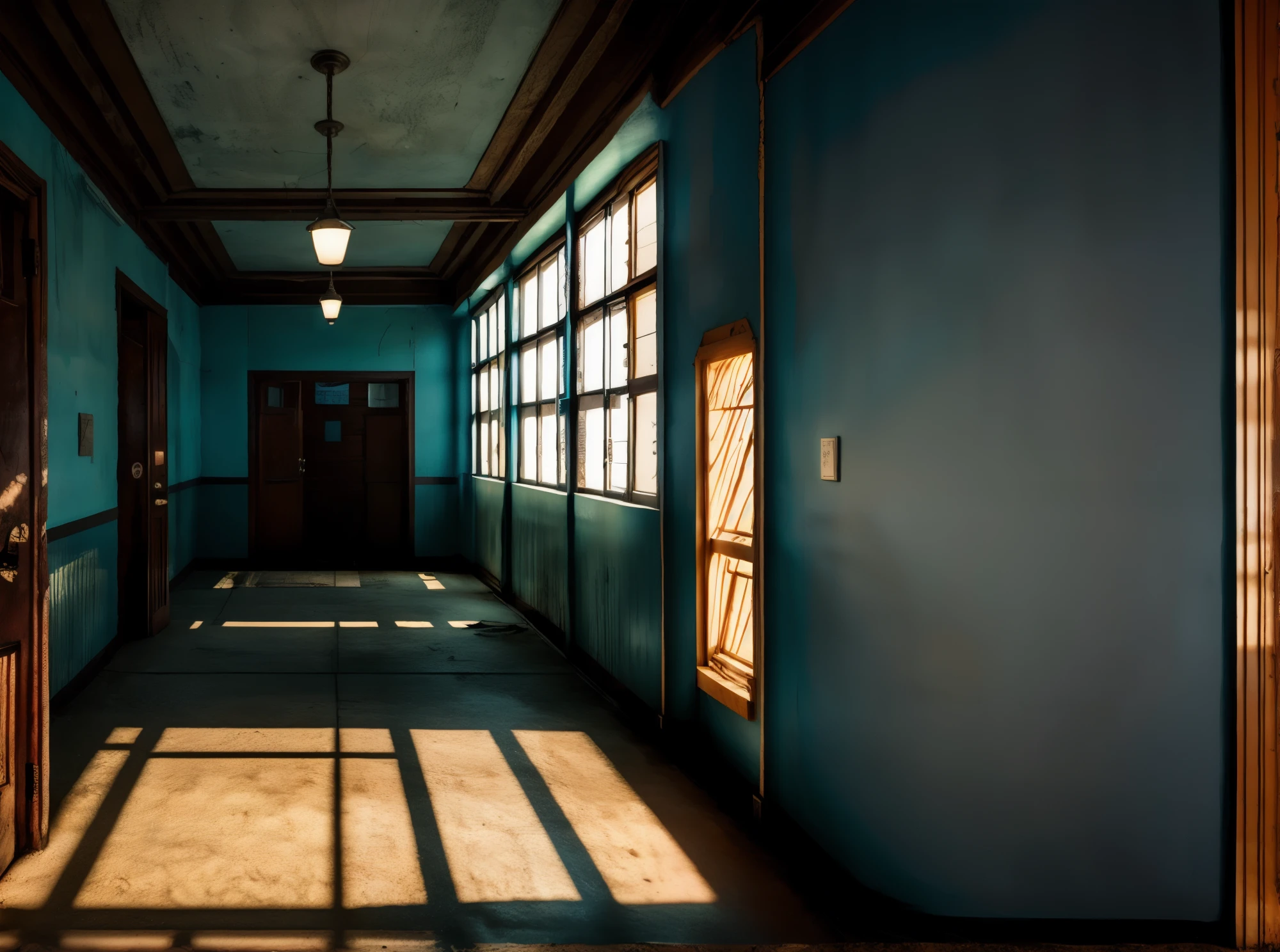 Arabian-style view of a hallway with light streaming in through windows, Empty corridor, Brightly lit blue room, Inspired by Elsa Breda, Contrasting lighting and shadows, A dark room full of shadows, In primary school, blue wall, sunlight from window, Light coming through the window, long dark hallway, dark hallway, dark hallways, light from window