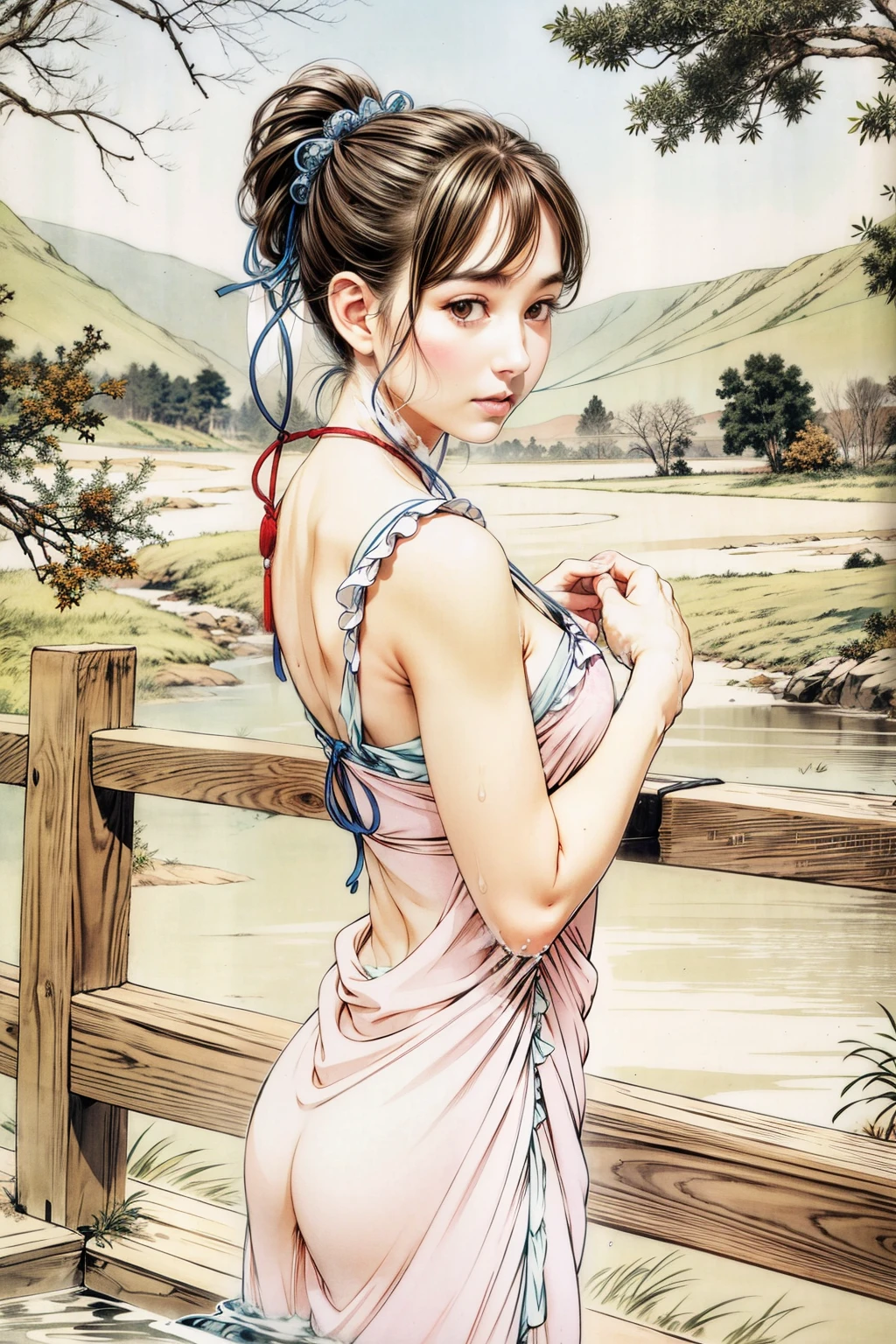 A sexy beauty is washing clothes by the river