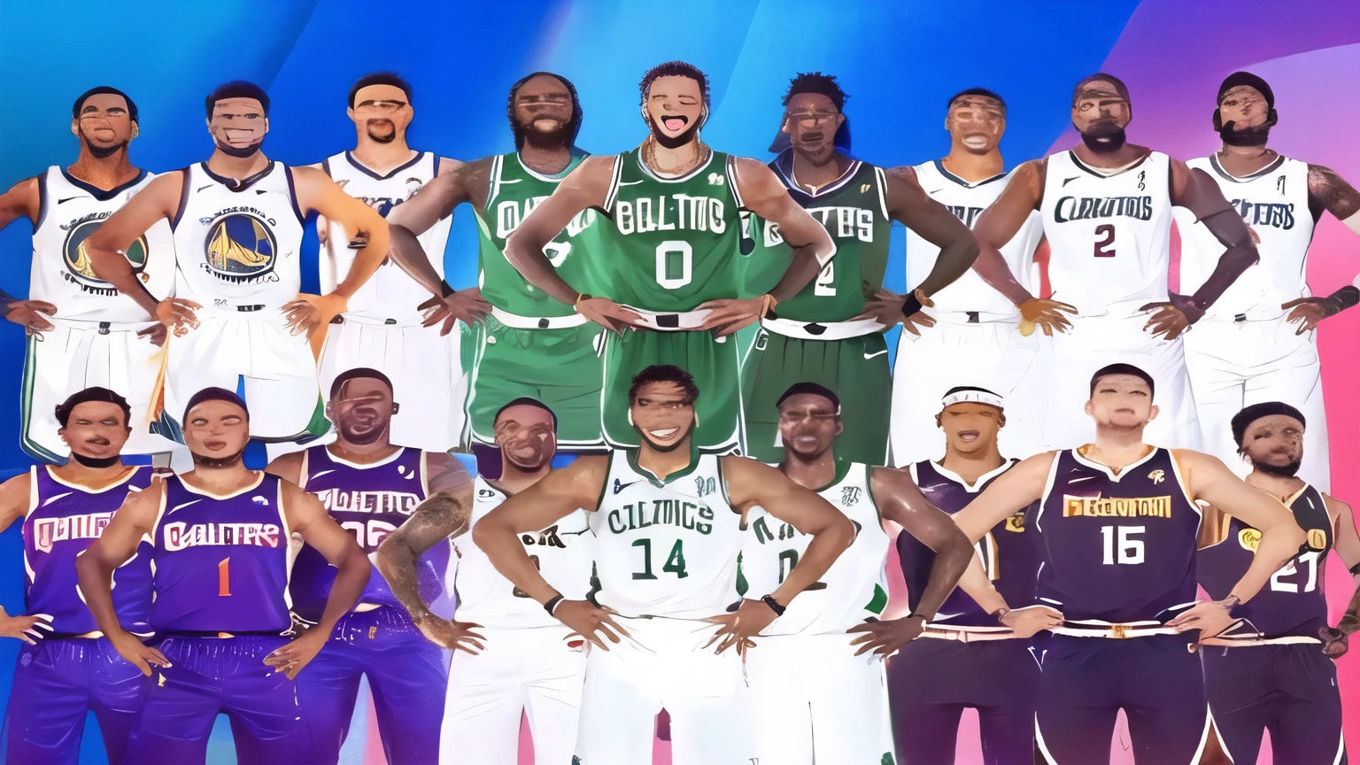 arafed image of a group of basketball players posing for a picture, nba, wearing nba jersey, the nba finals, nba finals, emma watson as a tall nba player, full team, edited, celtics, ๐ฟ๐๐, ๐คฌ ๐คฎ ๐ ๐, trending on dribble, boston celtics, ๐ฃ ๐ฅ๐ฃ ๐ฅ, suns, trending ๏ผ, teams