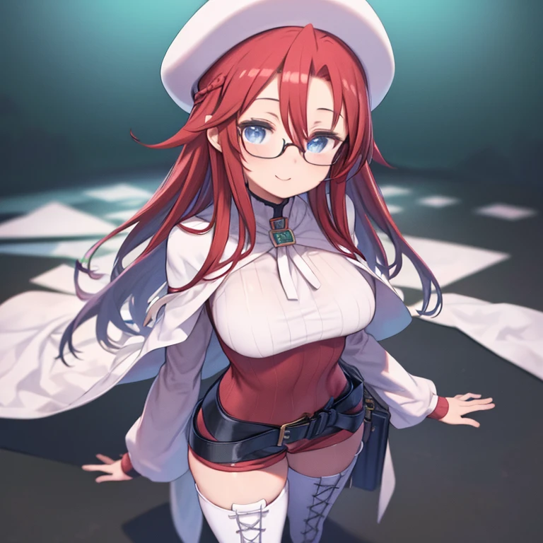 masterpiece, highest quality、Medium wide shot、Cowboy Shot、1. A woman with beautiful eyes、(aty, long hair, blue eyes, red hair、Hair between the eyes)、Big Breasts、Huge breasts、 thighhighs, hat, dress, boots, glasses, belt, cape, zettai ryouiki, beret, thigh boots, white footwear、loose belt、((Best、black inner, hot pants、hot pants、The tips of the hair are white))、Smiling、
