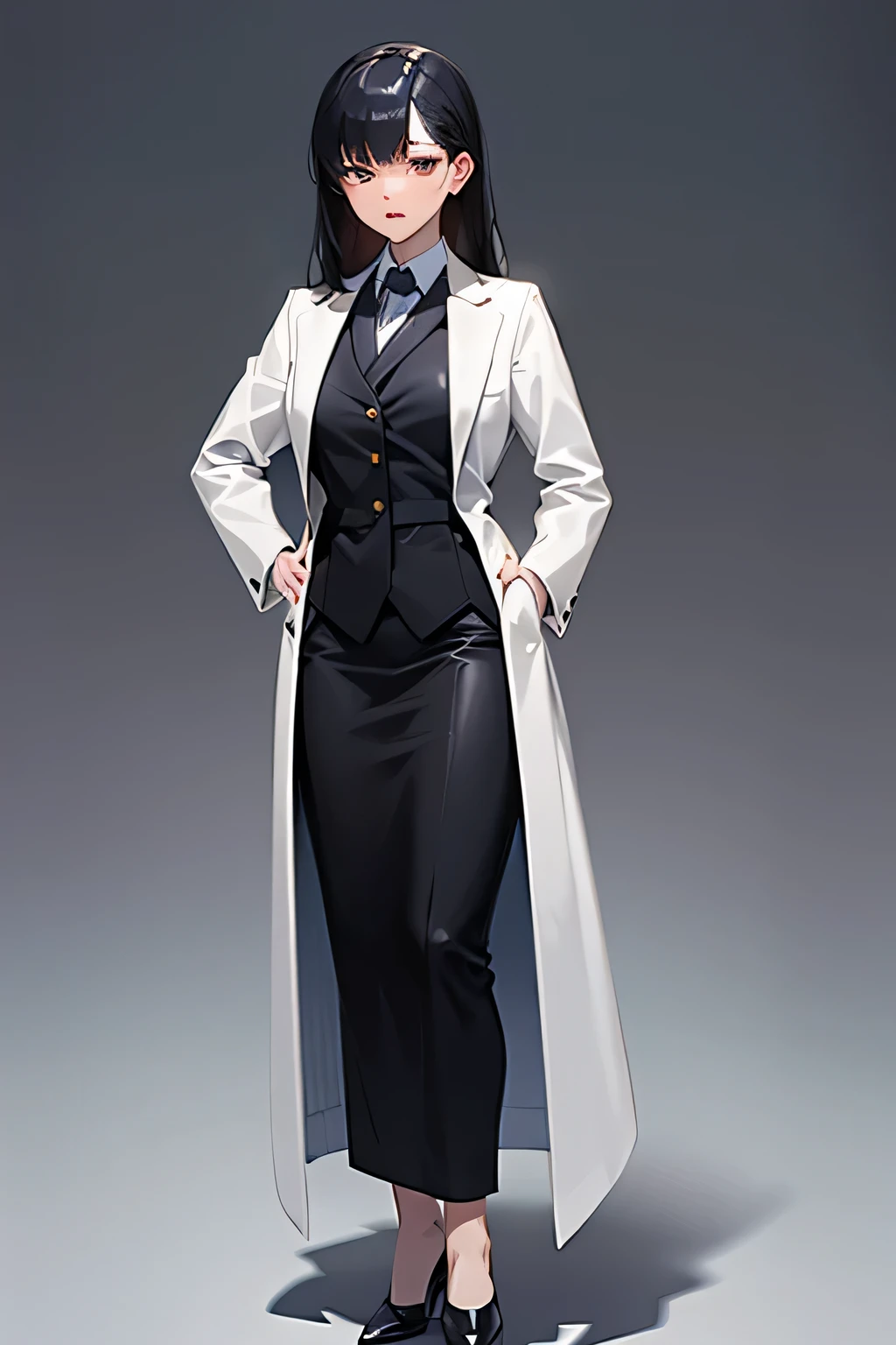 Full body shot of an Asian female researcher,White coat,Black hair,