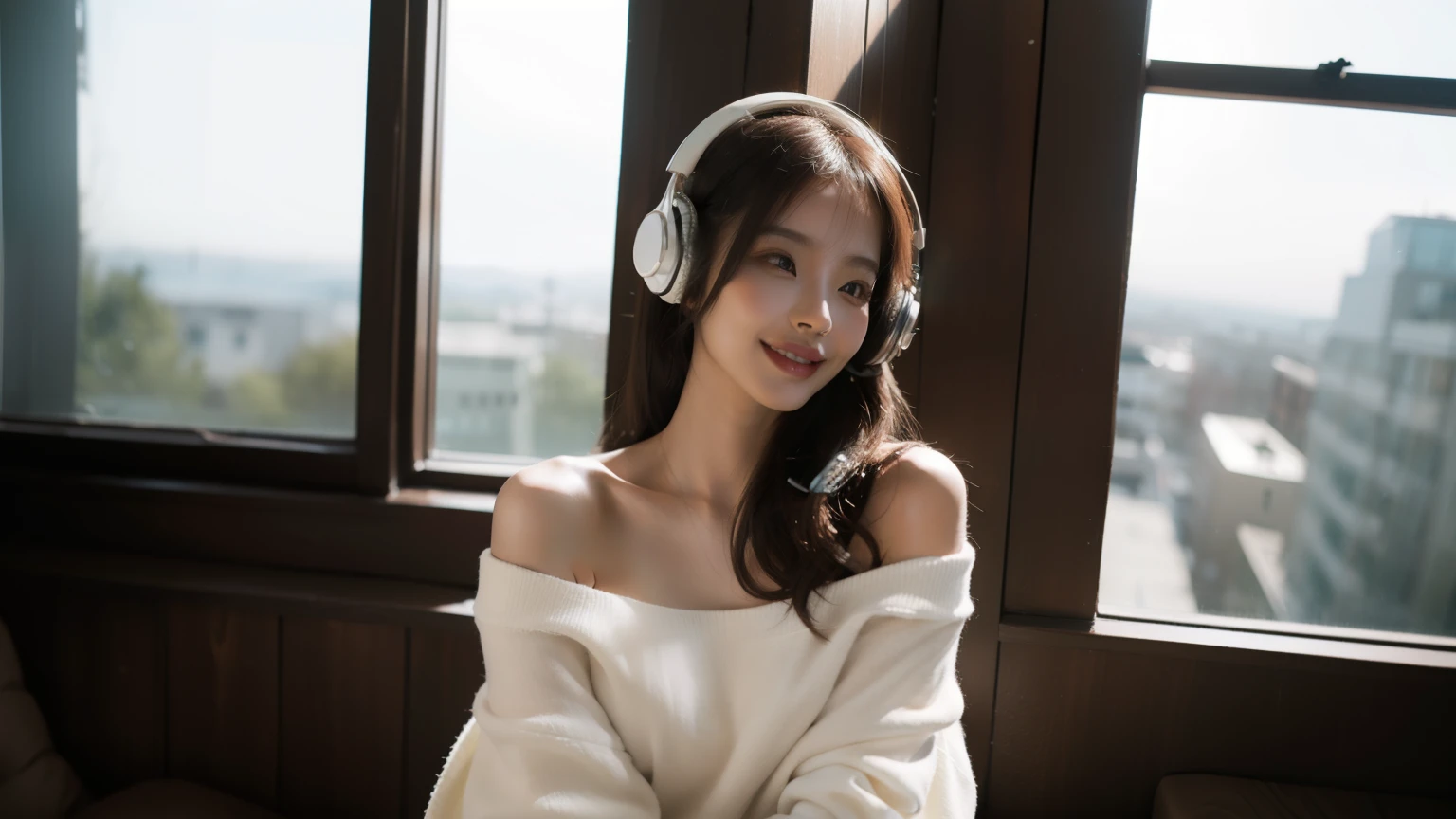 "A photorealistic portrait of a young beautiful Asian woman with brown medium-length hair, wearing silver headphones and a white off-shoulder top. She is sitting by the window with soft natural light illuminating her face. She has a gentle smile and a relaxed expression. The background is blurred, and the image has a film-like texture."