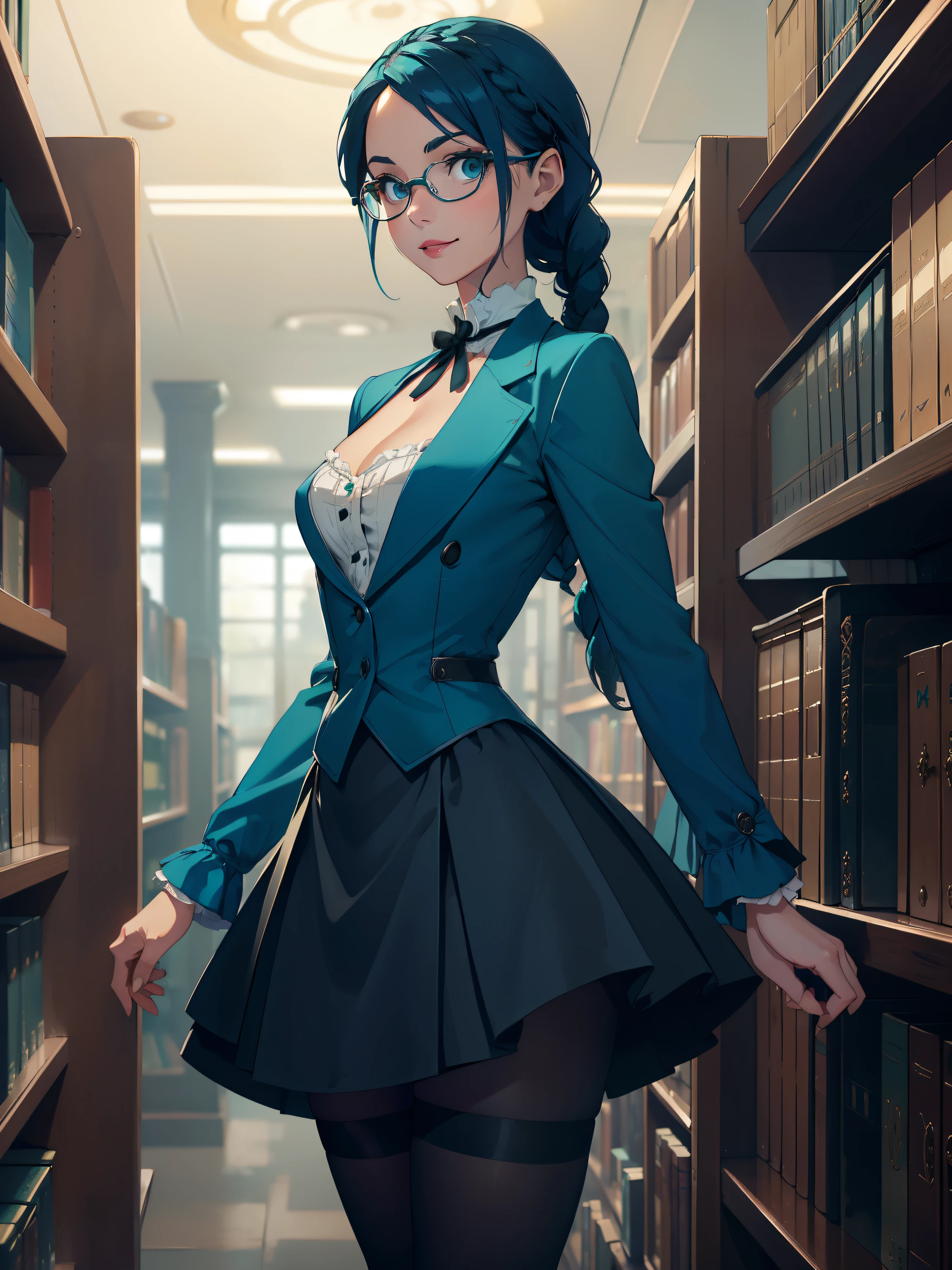 Masterpiece, best quality, 1_woman, (upper body), (Caucasian skin_complexion), mature, (looking at viewer), head turned, smiling, teal hair, long double hair braids, bright teal hair, diamond shaped eyes, glasses, large_bust, chest window, cleavage, dark blue (Victorian blazer), white halter top blouse, double button breast, long dark blue (Lolita skirt), silver trim, black tights, black heels, small waist, perfect hands, standing in library, library,