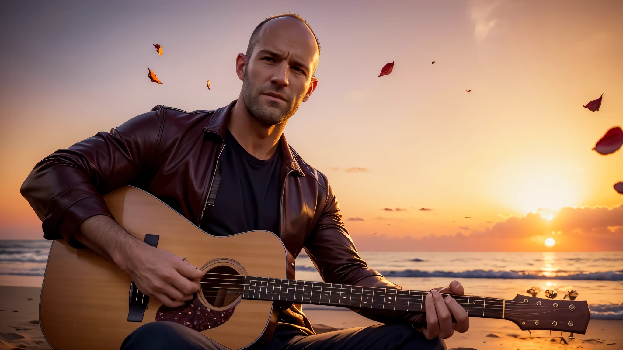 ((best quality)), ((masterpiece)),(detail), perfect face, full body shot of old Jason Statham passionately playing the guitar by the beach, a purple sunset, rose petals flying across the sky , with setting sun, romantic style, retro vintage and romanticism, blurred background image, sunset light, golden sunshine, roses, very lots of flying flower petals, rose petals stuck in hair, warm orange background color, subject takes up 1/3 of the frame, hyper-realistic photos, 8k, ultra high resolution, sharp faces