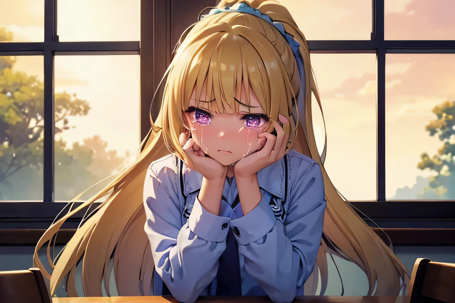 (masterpiece, top quality, best quality, official art, beautiful and aesthetic:1.2), (1girl:1.3), extremely detailed,(fractal art:1.2),colorful, highest detailed, parted lips,wallpaper,beautiful violet eyes, extreme detailed eyes, long hair, beautiful blonde hair, ponytail hairstyle, bangs, (sad, sadness expression, sadness face, crying), school outfit, (cowboy shot), in classroom, window, sitting on chair 