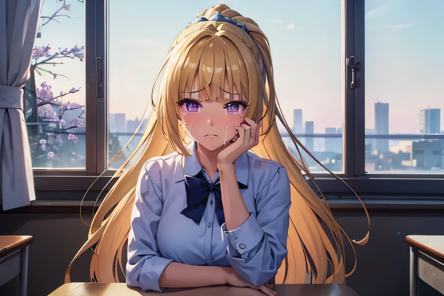 (masterpiece, top quality, best quality, official art, beautiful and aesthetic:1.2), (1girl:1.3), extremely detailed,(fractal art:1.2),colorful, highest detailed, parted lips,wallpaper,beautiful violet eyes, extreme detailed eyes, long hair, beautiful blonde hair, ponytail hairstyle, bangs, (sad, sadness expression, sadness face, crying), school outfit, (cowboy shot), in classroom, window, sitting on chair 