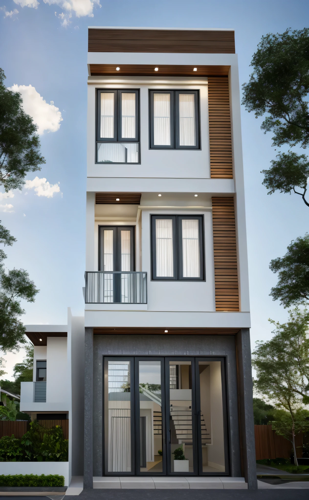 Exterior of house, mordern material decorations, (canopy in front of house:1.4), (a road in front of house:1.3), tree, sky, cloud, morning weather.