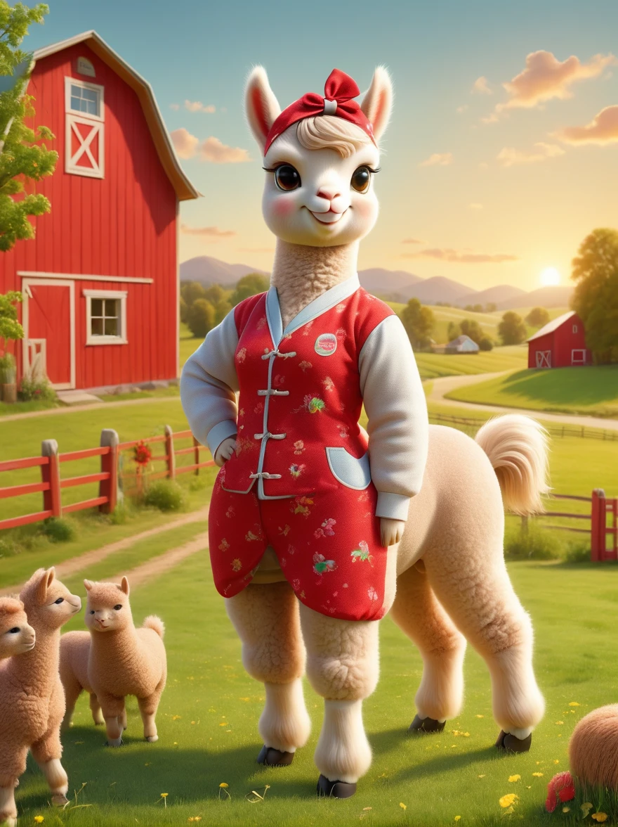 Create an image of a female anthropomorphic alpaca styled in a pin-up fashion, She leans against a classic red barn, dressed in vintage clothing from the 1950s. She sports a cheerful expression and waves a bandana in one hand, An idyllic farm scene is visible in the background, with fields of green grass and a sun setting in a clear sky, UHD, masterpiece, ccurate, anatomically correct, super detail, best quality, 8k