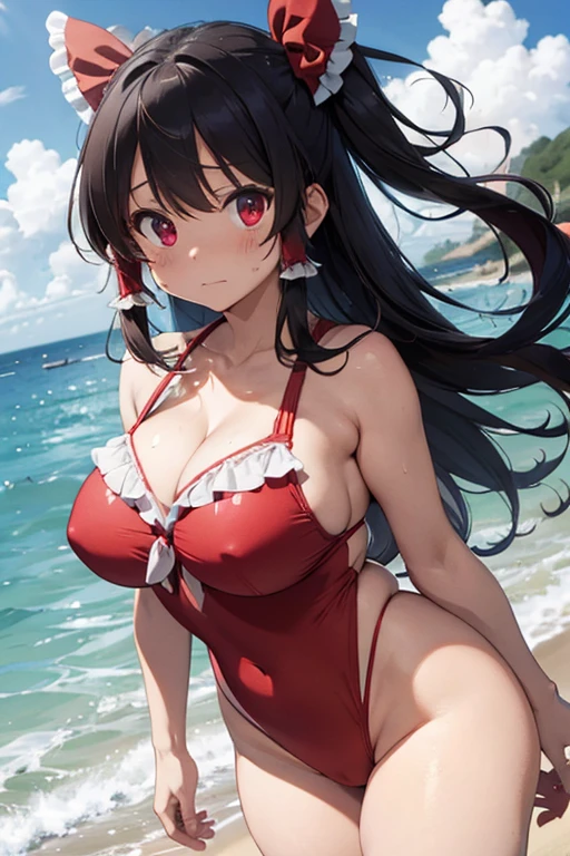 Reimu Panties visible Huge breasts Breasts visible Troubled face Wearing a swimsuit Breasts visible Breasts are 20