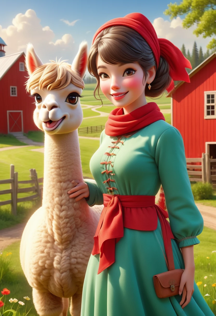 Poster fashion style design, (Female anthropomorphic alpaca image:1.3), She is wearing vintage clothing from the 1950s, Leaning against a classic red barn, She had a pleasant expression, Waving a headscarf, An idyllic farm scene can be seen in the background, Green grass field and sunset in clear sky, first-person view, cowboy shot, UHD, masterpiece, ccurate, anatomically correct, textured skin, super detail, award winning, best quality, 8k