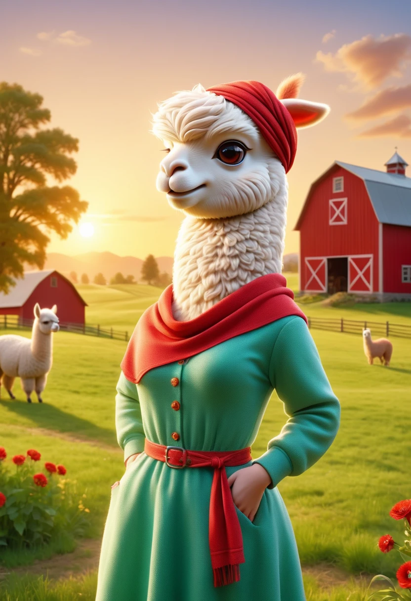 Poster fashion style design, (Female anthropomorphic alpaca image:1.3), She is wearing vintage clothing from the 1950s, Leaning against a classic red barn, She had a pleasant expression, Waving a headscarf, An idyllic farm scene can be seen in the background, Green grass field and sunset in clear sky, first-person view, cowboy shot, UHD, masterpiece, ccurate, anatomically correct, textured skin, super detail, award winning, best quality, 8k