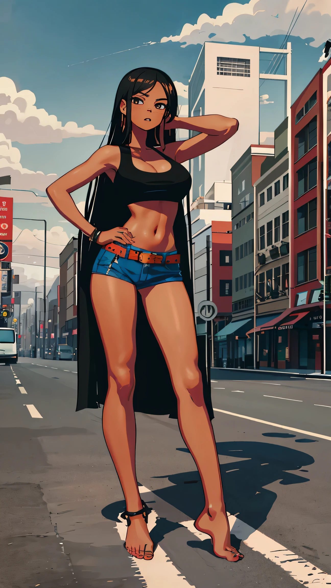 Masterpiece, best quality, high resolution, 1 woman, Karin , black skin , long black hair , black tank top , bikini , abdomen , big breasts, Long legs , Barefoot , stand on your hips , roadside , city