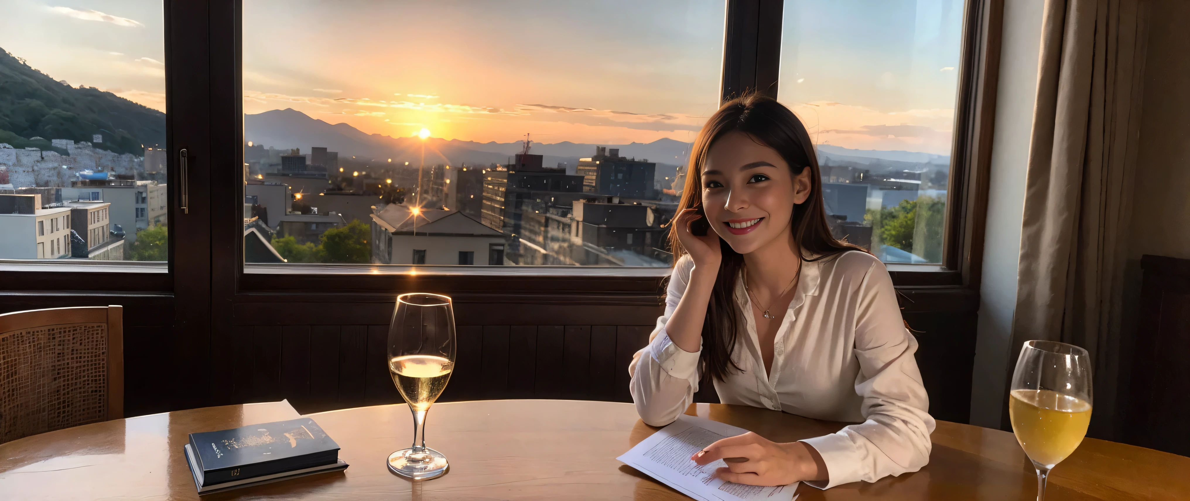 ((highest quality、8k、masterpiece:1.3))、Beautiful woman perfect body:1.4、Slim body、((Bob Hale、Straight hair:1.2))、 Ultra-high resolution, Bright image、2. The beauty of wine, Beautiful Face, blue eyes, Beautiful Eyes, The light shines on your face, Blushing your nose, short hair,Spectacular view of the sunset sky and clouds、Amazing mountain views、A bright smile、A lovely woman with a smile、Bright Face、Fox face、Lady、Champagne、Wine bottle、wine glass、red wine 、Appetizer、Italian food、Two beauties、brown hair、Shortcuts、Long sleeve shirt、Winter Fashion、dress、Wine bottle、sparkling wine、Pretty Woman 1, (slim face), (brown hair), (Shortcuts), cheeks turn a little red, (36 years old), 39 years old, charming beauty、restaurant, nova frog style, actress, model, Upper Body, White wine, slim, wine glass, wine glass placed in the middle, smile, (smile: 1.15), Beautiful Eyes, Strong light and shadow,Moist Body:1.5、Delicate eyes、brown hair、The hair is very shiny、